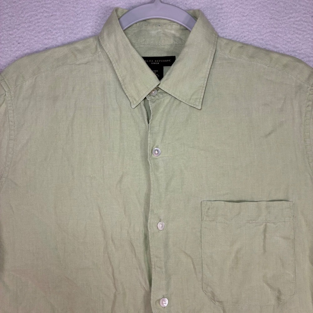 Banana Republic Linen Button Shirt Men M Green Short Sleeve Chambray Summer